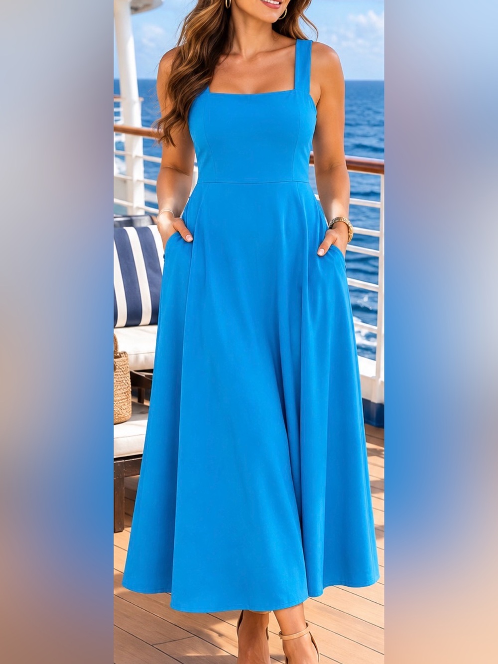 OYS~ Elegant Blue Women’s A-Line Dress with Pockets. XL